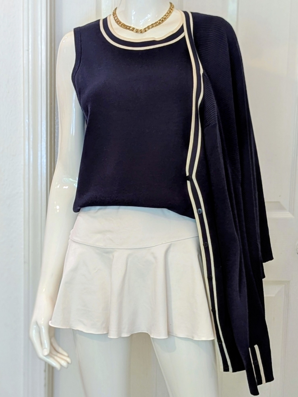 Pendleton Set Silk Cotton Blend Navy White Trim Cardigan  And Sleeveless Top Mp